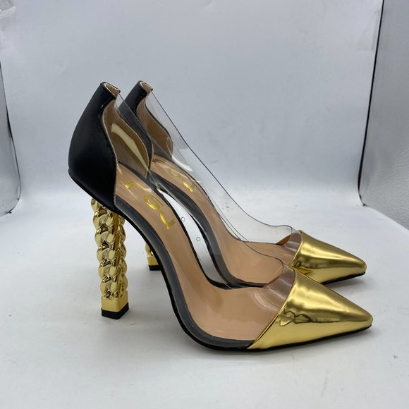 FSJGolden Block High Heels Clear Pumps Pointed Toe Dress Party Evening Shoes - Picture 5 of 11